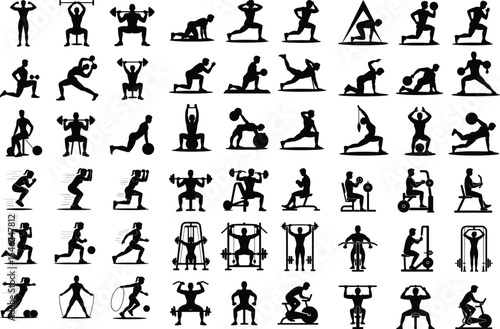 Workout Icons Silhouette Collection – Bodybuilding & Exercise Poses Gym Workout Pose Icon Silhouette Set – Fitness Action Vector Pack