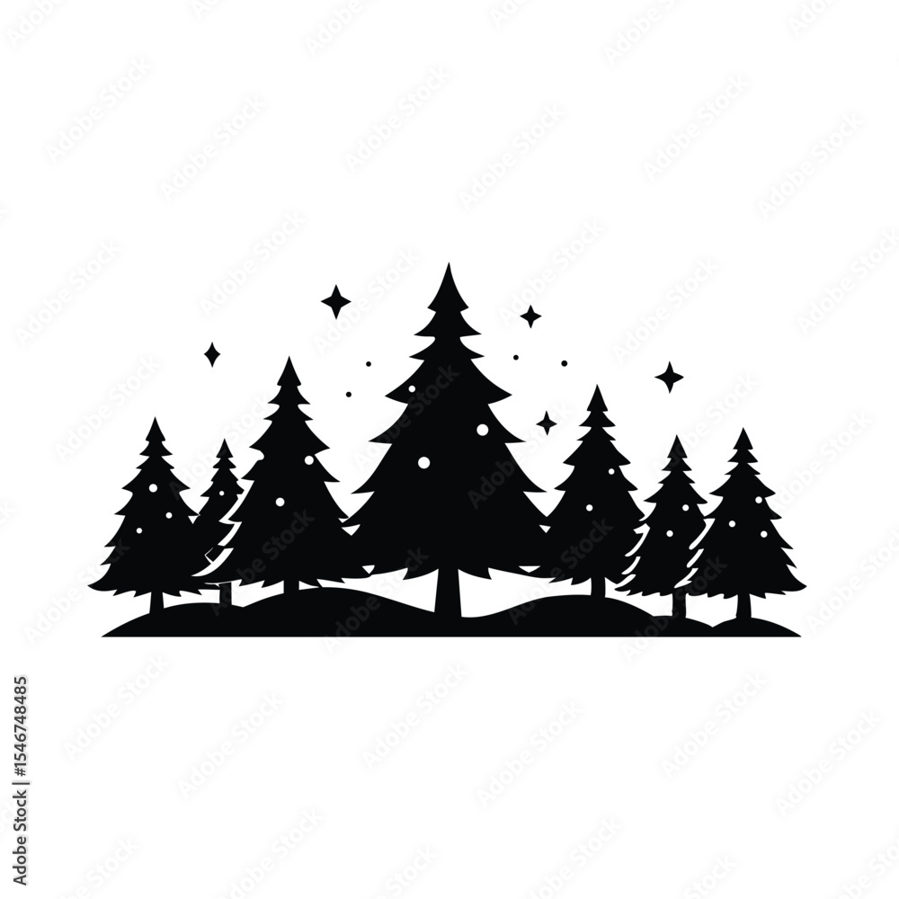 Fototapeta premium Enchanting Winter Forest Silhouette with Sparkling Stars A Serene Scene of Tall Evergreen Trees Evoking the Magic of the Holiday Season and Tranquil Beauty of Nature