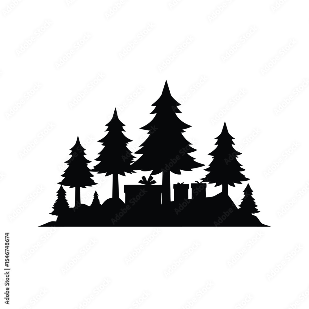 Obraz premium Silhouette of a Festive Christmas Scene A Collection of Evergreen Trees and Wrapped Presents Evokes a Sense of Holiday Cheer and Seasonal Celebrations in Timeless Black and White