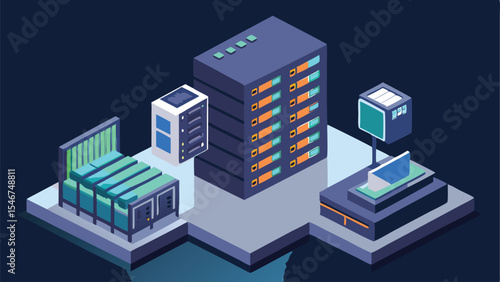 Isometric server room depiction representing data center technology and information infrastructure