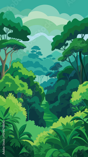 Lush green jungle landscape illustration featuring trees foliage and verdant scenery