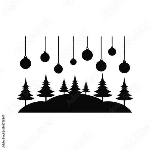 Enchanting Winter Forest Silhouette A Festive Scene with Snow-Dusted Trees and Elegant Christmas Ornaments Suspended Above Creating a Magical and Serene Holiday Ambiance