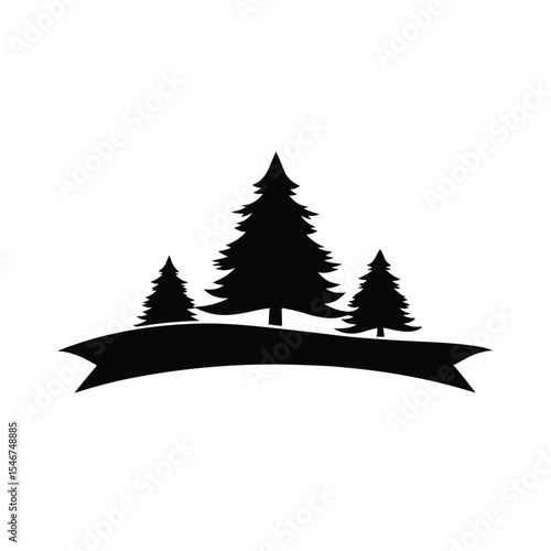 Silhouette of a Forest Displaying Evergreen Trees and a Curved Banner for Textual or Graphic Overlay in a Simple Design Element against a White Backdrop