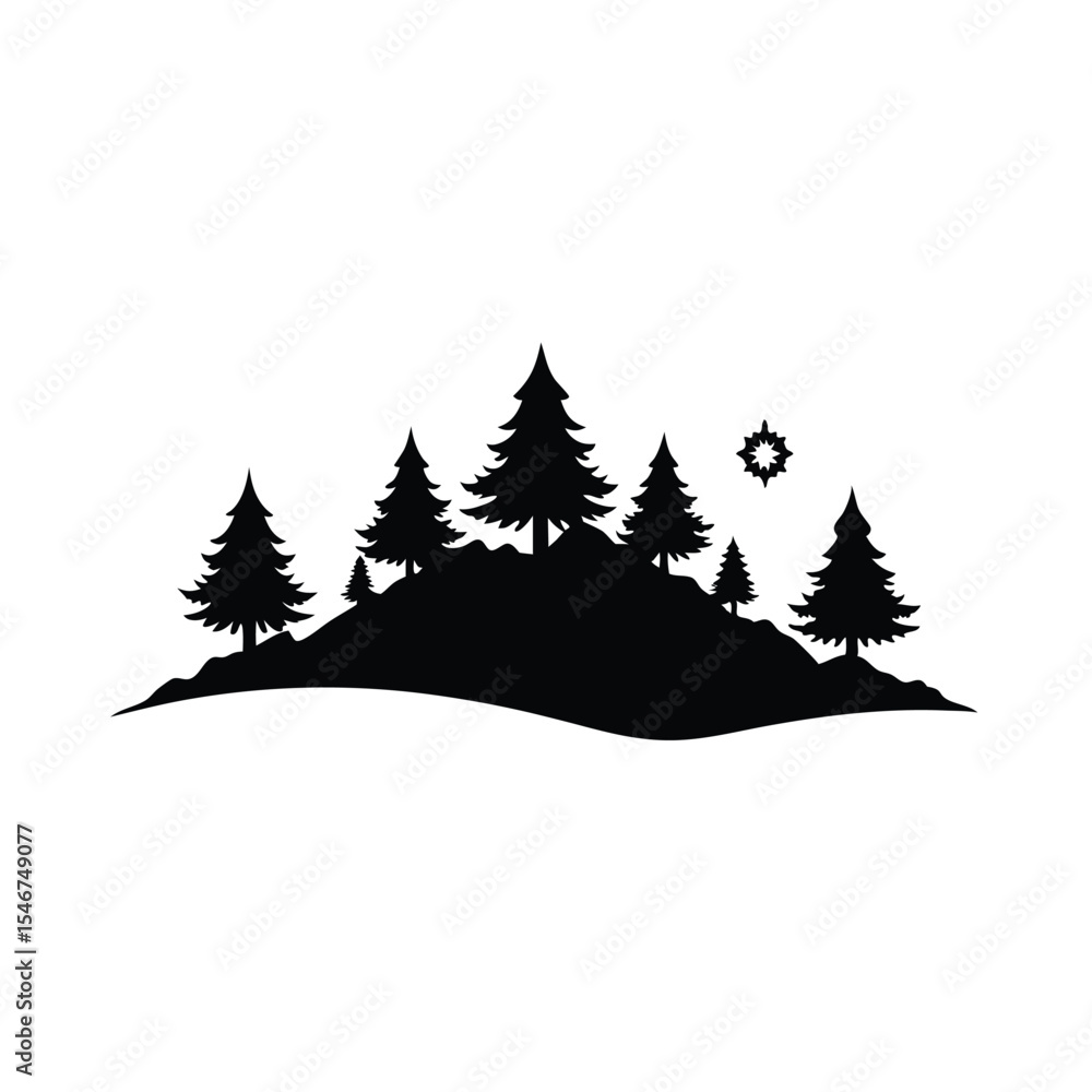 Fototapeta premium A Mountainous Landscape with Evergreen Trees Silhouette Against a White Background, Presenting an Outdoor Scene with Natural Elements and a Solitary Star, Evoking Serenity and Peace