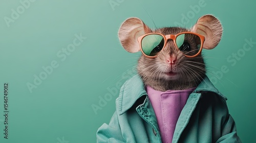 A quirky mouse dressed in a retro jacket and oversized sunglasses poses against a vibrant background, showcasing a unique blend of fun and creativity in animal photography.