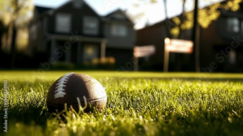 Closeup of american football on lawn with suburban homes in background at sunset