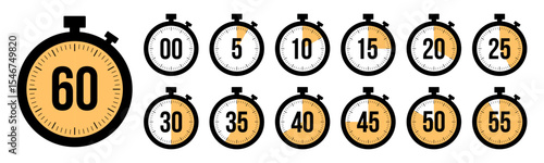 Stopwatch timer countdown clock icon set with 0 to 60 minutes in yellow color. Perfect for timers, health, fitness, marketing and app Ui graphics. Stopwatch icons flat vector.