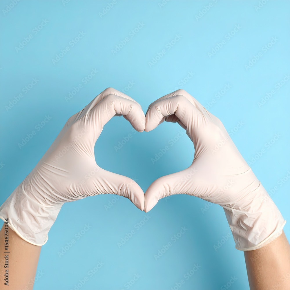 Obraz premium Hand in medical gloves in shape of heart on blue background