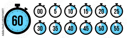 Stopwatch timer countdown clock icon set with 0 to 60 minutes in blue color. Perfect for timers, health, fitness, marketing and app Ui graphics. Stopwatch icons flat vector.