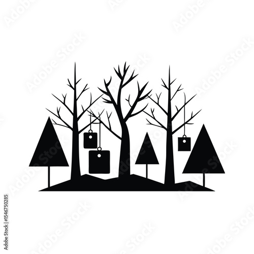 Winter Forest Silhouette with Hanging Boxes Vector Illustration