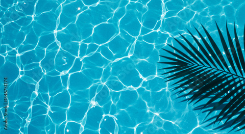 Top-down view of a swimming pool with palm leaf and sun reflections on the water