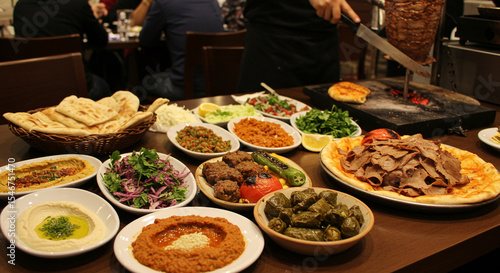 A Delicious Turkish Restaurant Feast, Featuring Kebabs, Appetizers, and Fresh Ingredients