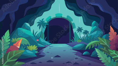Mystical cave entrance illustration with tropical foliage and transparent background