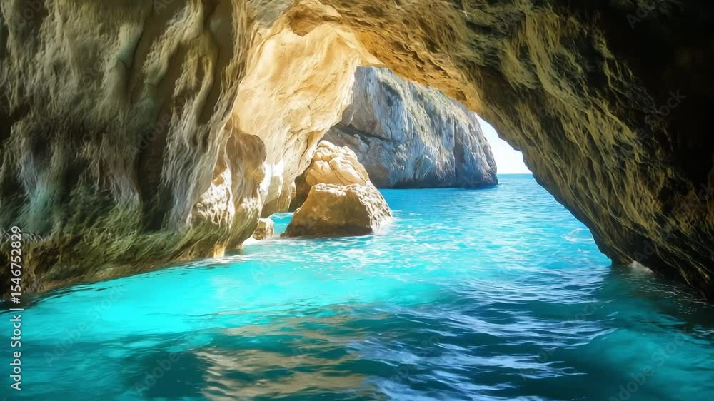 Discover the captivating beauty of a coastal cave featuring clear blue waters and unique rock formations during bright daylight Discover the captivating beauty of a coastal cave featuring clear blue waters and unique rock formations during bright daylight
