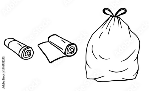 rolled trash bags and a full tied garbage bag; ideal for waste management icons, cleaning service logos, eco guides, or educational materials.