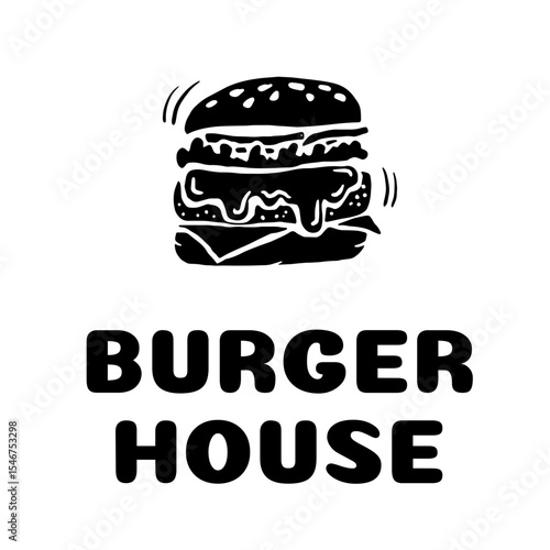 Bold black-and-white burger logo with text “BURGER HOUSE,” ideal for restaurant branding, menu design, food delivery, or fast-food packaging. Silhouette icon
