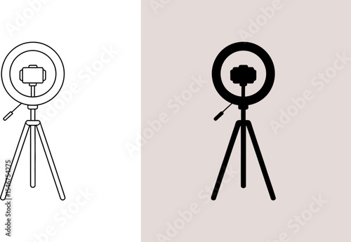 Ring light tripod stand for video recording and photography equipment illustration line art and silhouette editable stock vector