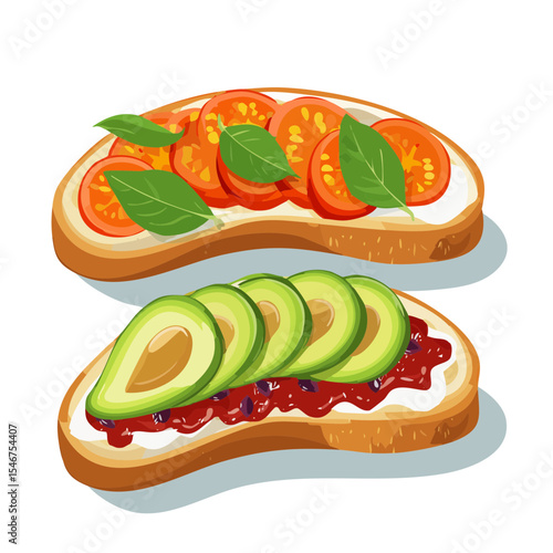 Delicious toasts with avocado and tomato slices on toasted bread, perfect for breakfast or a snack