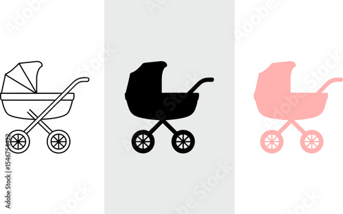 Baby stroller icons set vector illustration of pram in different styles for baby products design editable stock vector