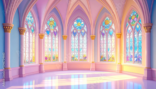 Pastel-hued  arched hall with large stained-glass windows  showcasing a sunlit  empty interior.  Pink and light blue walls  gold accents