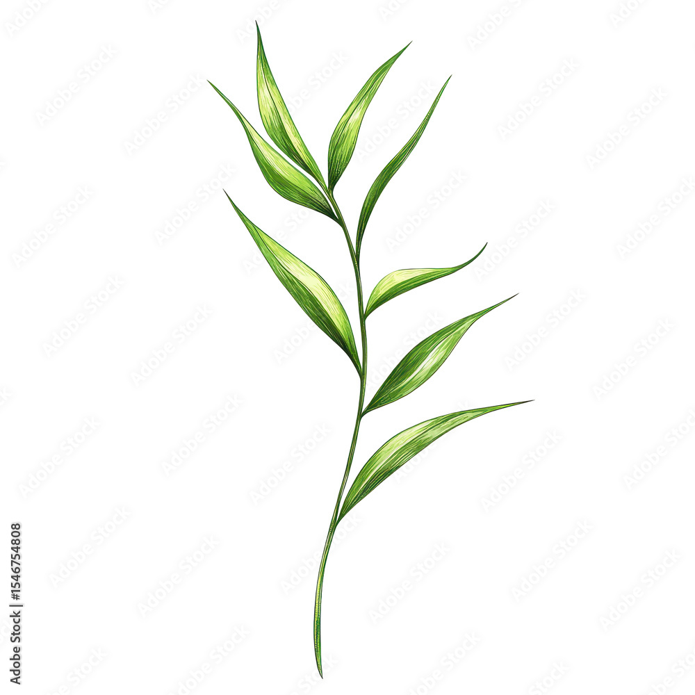 Fototapeta premium Wild grass leaf illustration plant, Detailed illustration of a wild grass leaf, highlighting its elongated form and rich green hue, isolated on transparent background