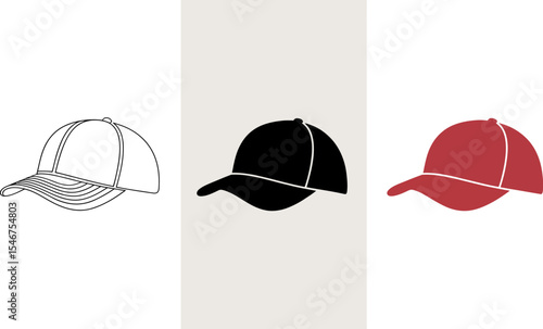 Baseball cap vector illustration set in outline black and red colors isolated on white background editable stock vector