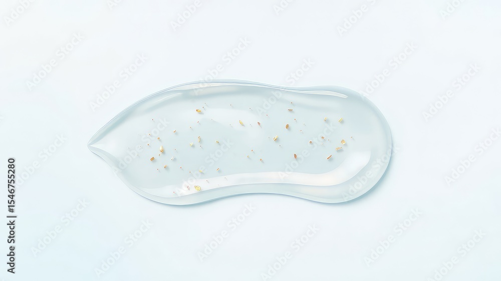 A close up of a clear, viscous liquid smear with shiny golden flecks on a solid pale blue background A close up of a clear, viscous liquid smear with shiny golden flecks on a solid pale blue background