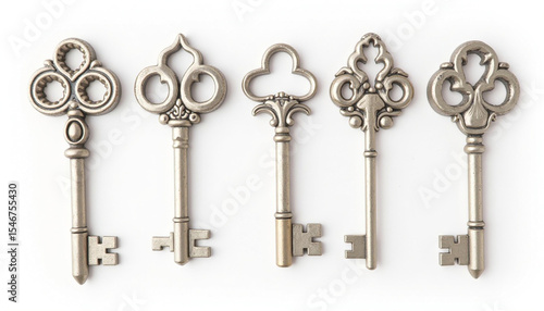Five Antique Keys on a White Background, Isolated, Decorative, Vintage Style
