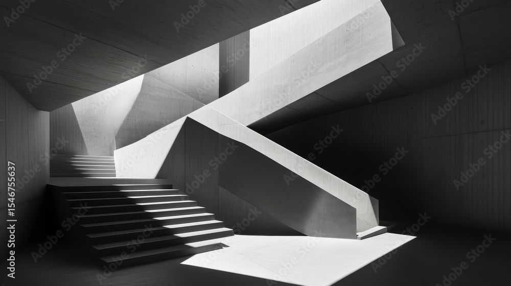 Abstract grayscale photo of modern architecture, showcasing interplay of light and shadow on concrete stairs and walls. Abstract grayscale photo of modern architecture, showcasing interplay of light and shadow on concrete stairs and walls.