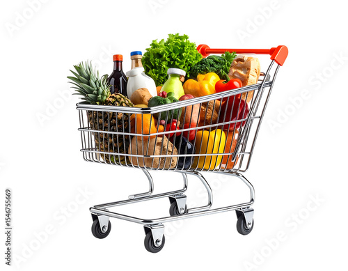 Grocery shopping cart full of fresh food healthy eating produce fruits vegetables for supermarket store png isolated on transparent packground