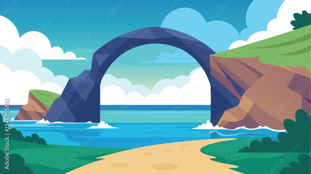 Naklejka premium Scenic landscape with natural rock arch over turquoise ocean and blue sky