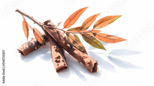Watercolor Illustration of Saraca Indica Bark – Ashoka Tree Bark Segments on White Background

