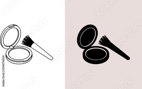 Powder compact and brush illustration for beauty product marketing and cosmetic brand design template editable stock vector