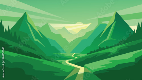 Serene green mountain landscape abstract design with sunlight and winding path illustration