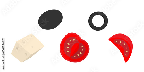 Hand drawn Olives Cheese and Tomatoes Sliced Colorful Salad Ingredients on Transparent Backdrop Set