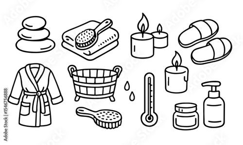 Vector illustration of spa essentials, perfect for wellness and relaxation themes. Includes candles, robes, slippers, and bath items. Ideal for beauty, self-care, and spa-related designs.