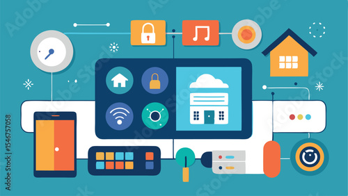 Smart home technology concept illustration featuring connected devices and user interface