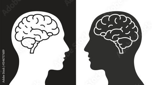 "Human Brain Silhouettes: Superior View Anatomy in Black and White Line Art"