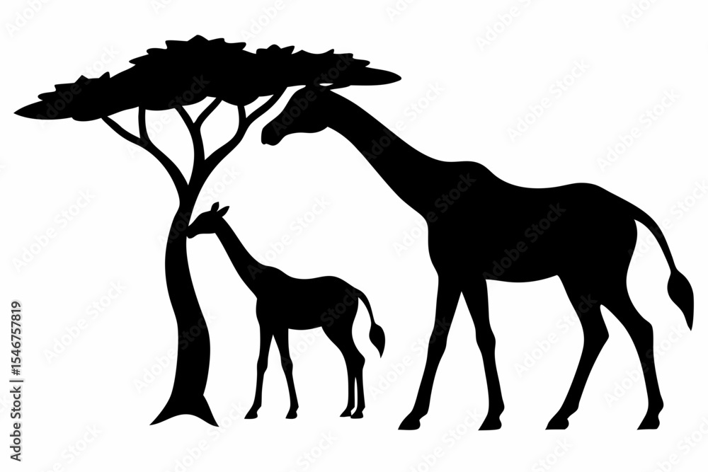 Obraz premium Elegant Adult and Baby Giraffe Outline with Tree Canopy