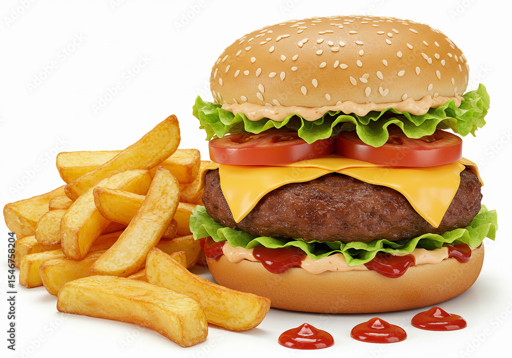 Delicious Cheeseburger Served with Crispy Fried Potatoes – Classic Fast Food Meal Isolated on White Background Delicious Cheeseburger Served with Crispy Fried Potatoes – Classic Fast Food Meal Isolated on White Background