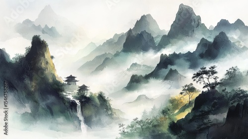 Misty Mountain Temple Watercolor Landscape, Asian Art, Ink Painting