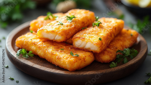 Fried, fish fingers, wooden plate, ultra realstric, product.