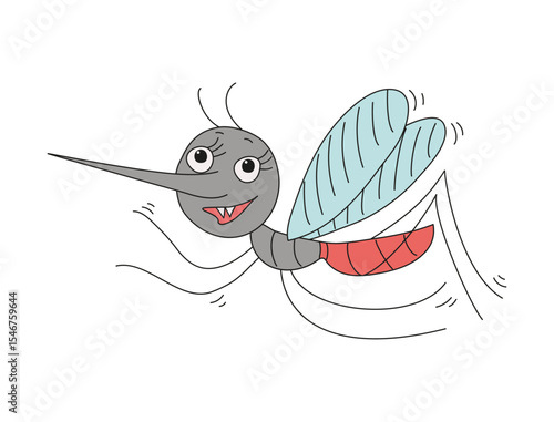 Mosquito icon. Cute cartoon funny bloodsucking insect. Hand drawn illustration, doodle. Malaria prevention concept, hygiene, health. White isolated background.