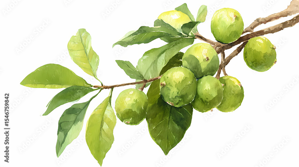 Fototapeta premium Watercolor Illustration of Bael Tree with Fruit – Aegle Marmelos with Green Leaves and Ripened Yellow Bael on White Background