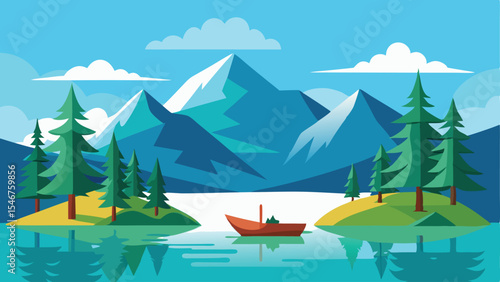 Tranquil mountain lake scene depicting boat among trees and azure blue waters with transparency