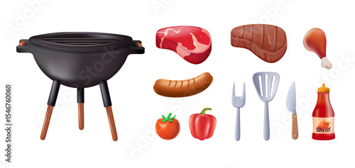 Barbecue and Grilling Essentials 3D render vector Illustration. Featuring grilling essentials, like barbecue grills