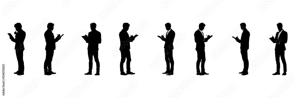 Business Professionals Writing On Clipboards Silhouette Icon Set. Office Work And Task Management Symbol Collection. Corporate And Business Environment Visuals. Isolated Vector Illustration Business Professionals Writing On Clipboards Silhouette Icon Set. Office Work And Task Management Symbol Collection. Corporate And Business Environment Visuals. Isolated Vector Illustration