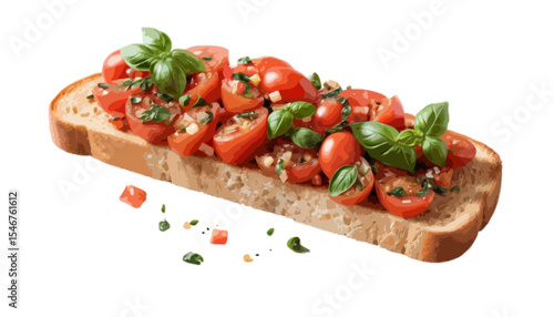 Bruschetta grilled bread slice diced tomato and basil topping tumbling isolated on transparent Food and vibrant red tomatoes enhancing taste