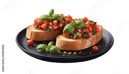 Bruschetta grilled bread slice diced tomato and basil topping tumbling isolated on transparent Food and perfect appetizer for gatherings