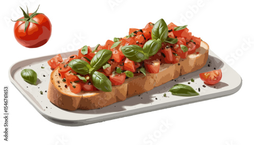 Bruschetta grilled bread slice diced tomato and basil topping tumbling isolated on transparent Food and deliciously fresh flavors